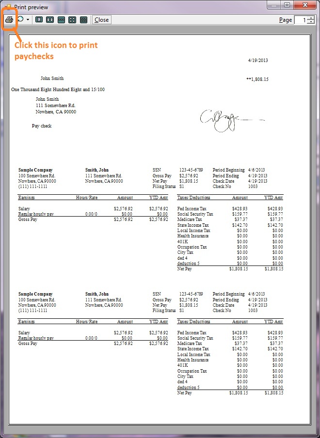paycheck print on pre-printed check
