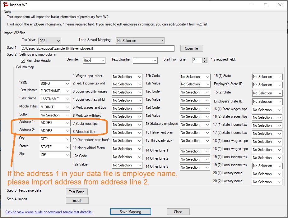 w2c software import w2 data from iif file
